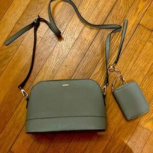 Grey crossbody bag with matching wallet and key leash